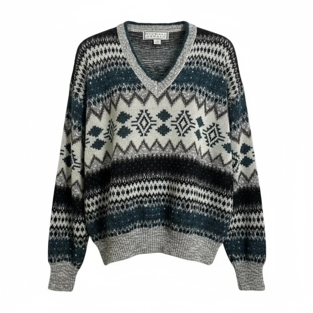 Vintage Michael Gerald V-Neck‎ Sweater - 90s Aztec Fair Isle Pattern - Medium